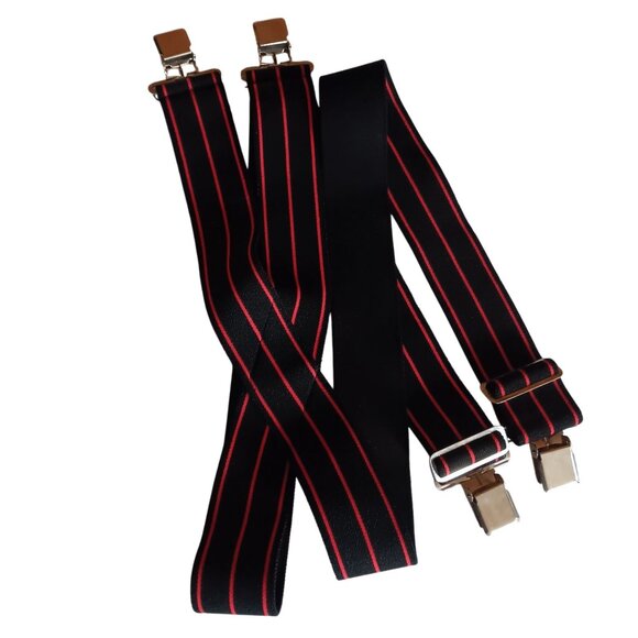 Vintage Logger Suspenders Adjustable Black Red Striped Alligator Metal Clips - Picture 2 of 4